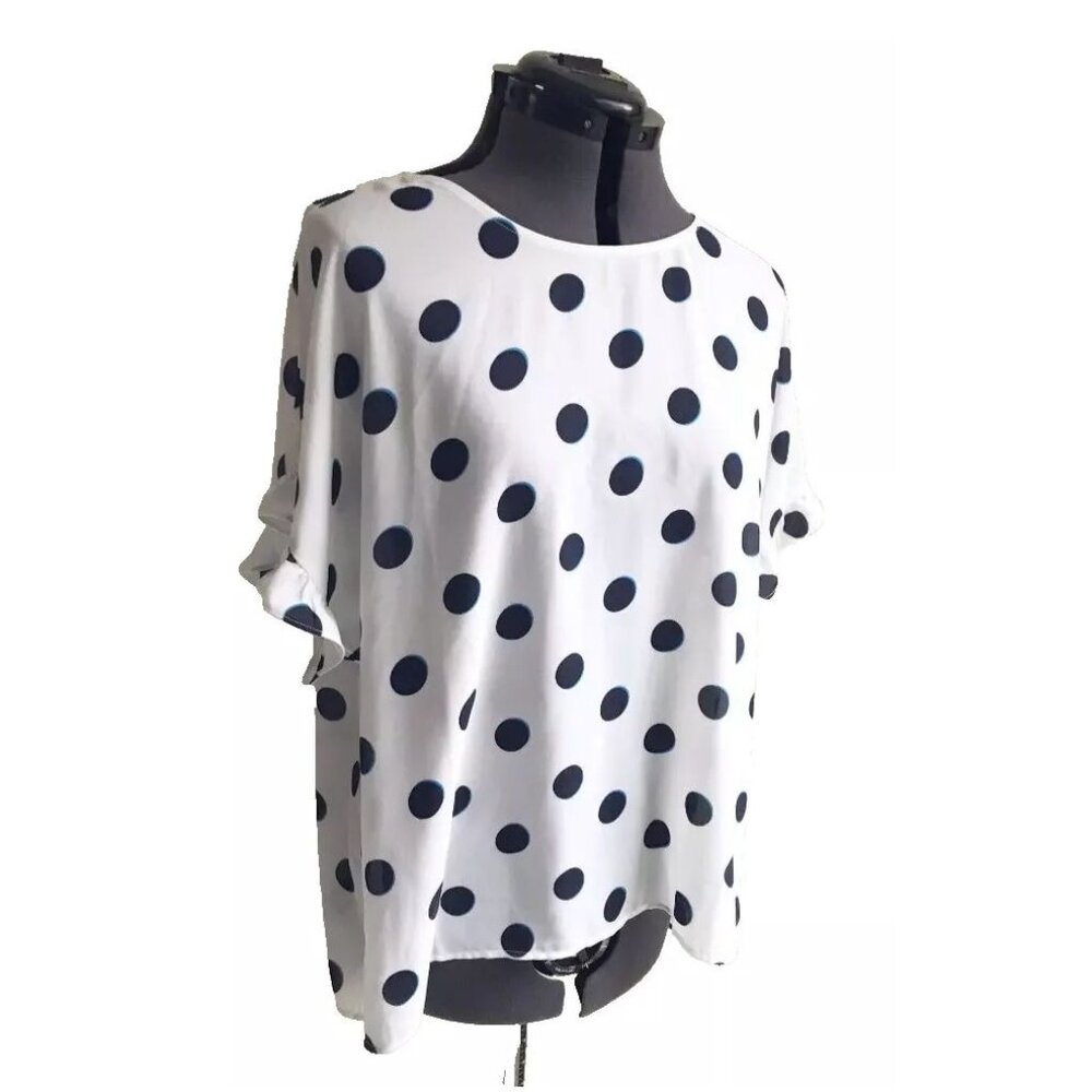Worthington Flutter Cap Sleeve Round Neck Navy Polka Dot Blouse, Size L - Picture 2 of 15